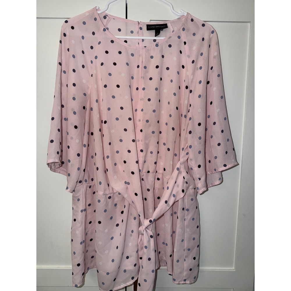 Lane Bryant Pink Polka Dot Tie Front Tunic Top Size 18 Kimono Sleeve Blouse